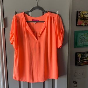 Pookie & Sebastian bright neon coral v-neck blouse